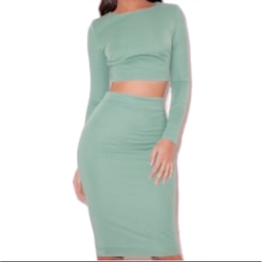 House of CB. Two piece set. Cropped top, midi skirt.. Sage green.